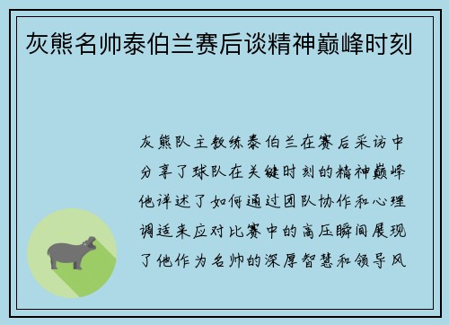 灰熊名帅泰伯兰赛后谈精神巅峰时刻