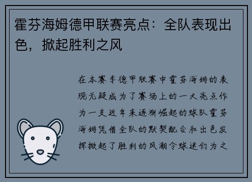 霍芬海姆德甲联赛亮点：全队表现出色，掀起胜利之风